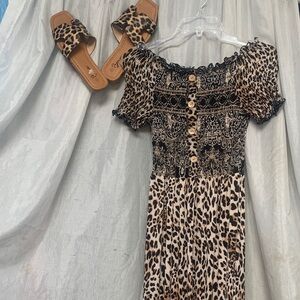 Leopard Print Smocked Midi Dress - Beige/Black